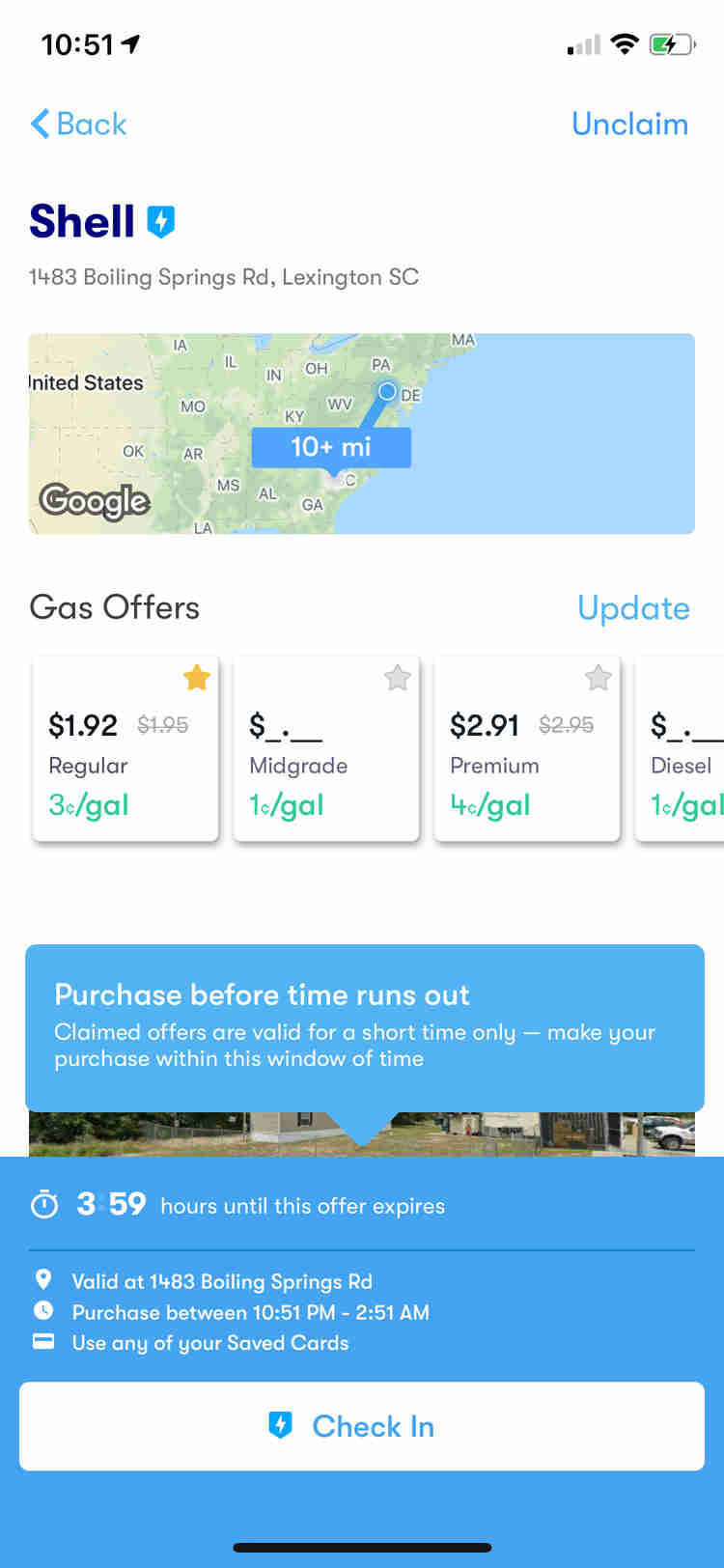 Image showing gas station offers in the GetUpside (Upside) fuel app