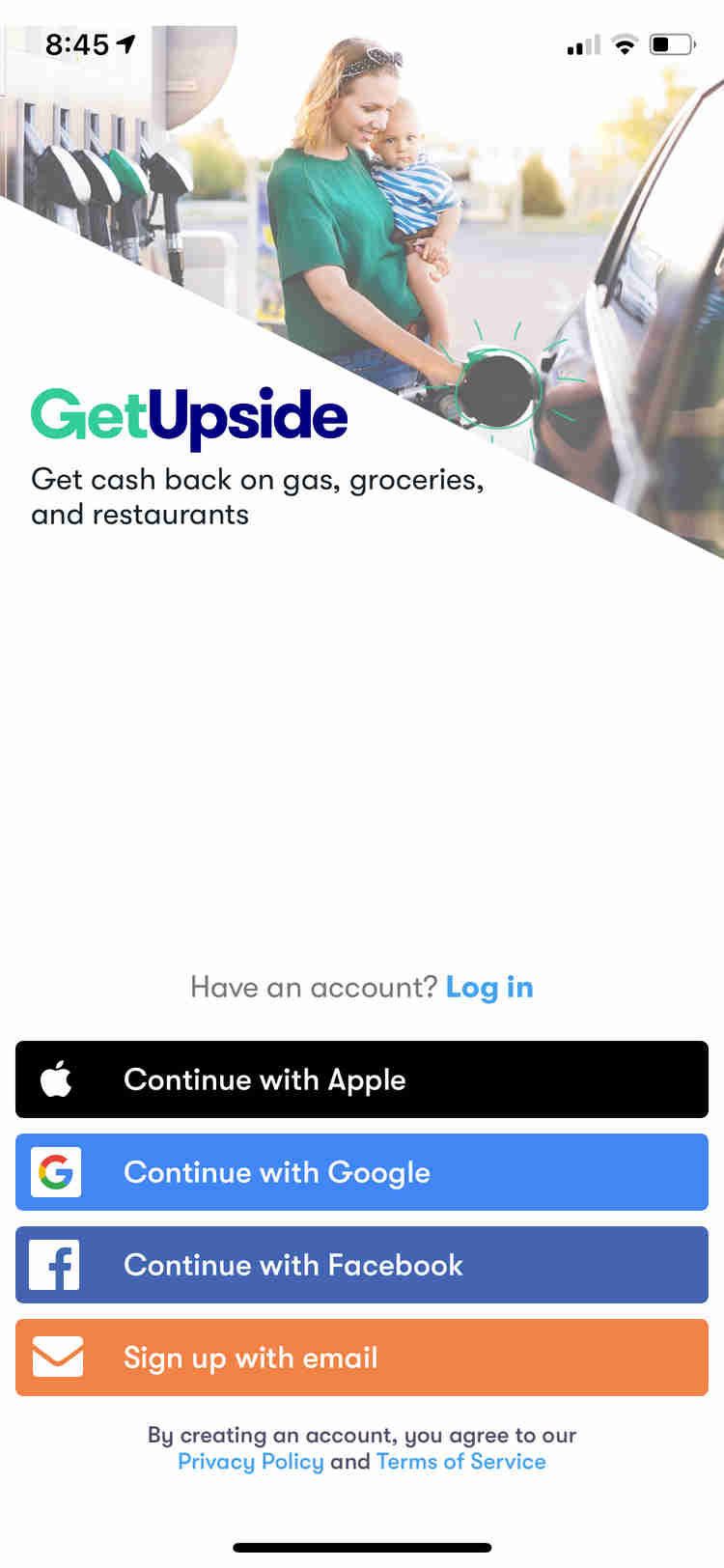 Image showing GetUpside login screen in the app.