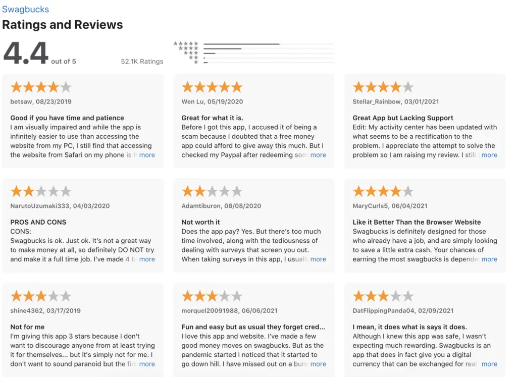 swagbucks app store page showing user-reviews